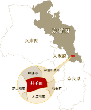 井手町の位置を示す地図。京都府の南部に位置し、北に城陽市、北東に宇治田原町、東に和束町、南に木津川市、西に京田辺市にそれぞれ隣接している。